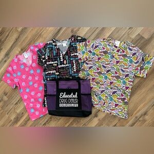 Colorful Graphic Scrub Tops and Tote Bag